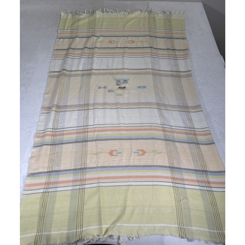 Vtg Mexican Serape Blanket 90x70 Light Yellow Southwestern Woven Throw Fringe